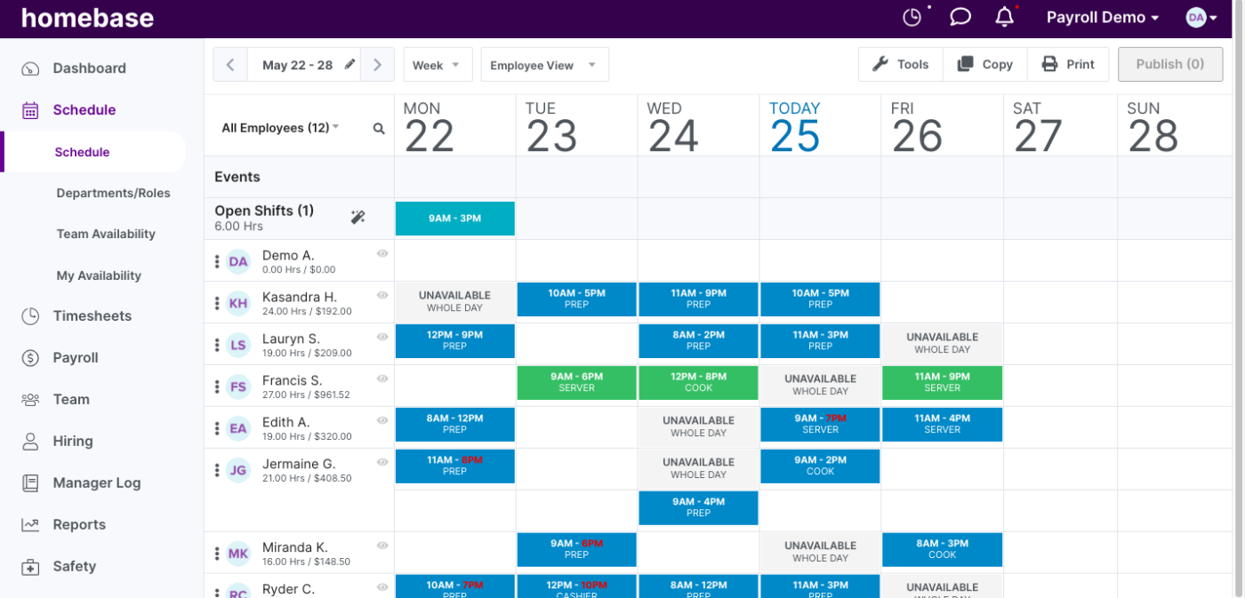 Homebase enhances scheduling by integrating it with other business management tools like HR, payroll preparation, and compliance tracking. : schedule maker